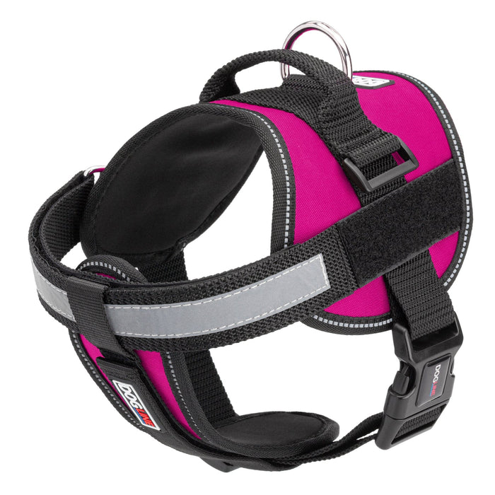 Pink dog harness with adjustable belly straps, top handle, removable reflective chest plate and two patch backing fasteners, made from nylon