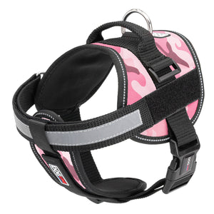 Pink camo dog harness with adjustable belly straps, top handle, removable reflective chest plate and two patch backing fasteners, made from nylon