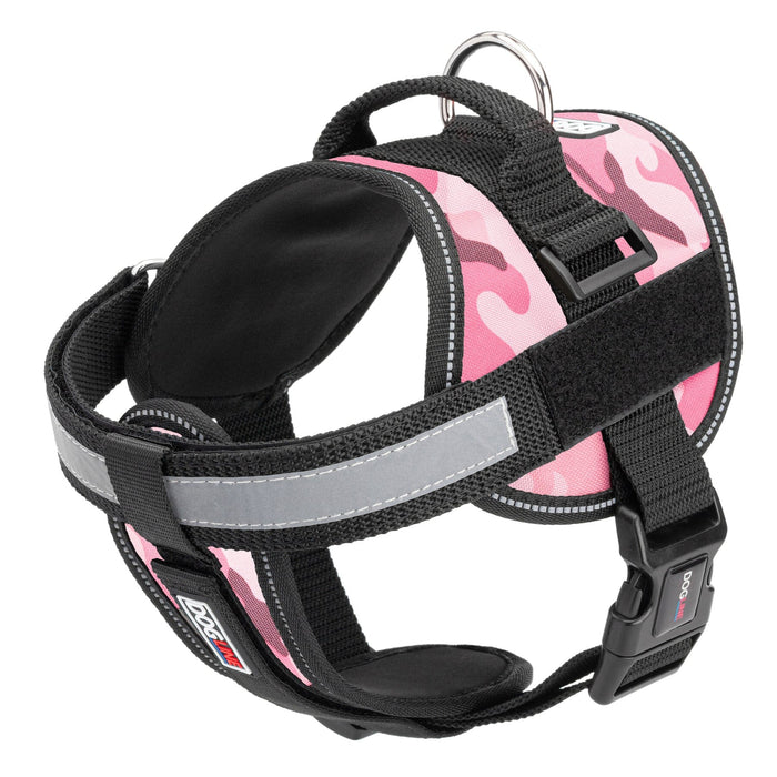 Pink camo dog harness with adjustable belly straps, top handle, removable reflective chest plate and two patch backing fasteners, made from nylon