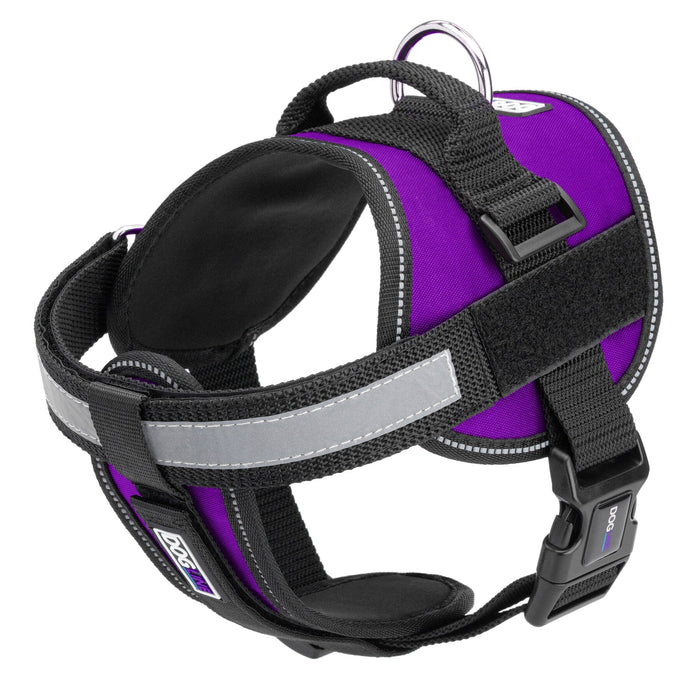 Purple dog harness with adjustable belly straps, top handle, removable reflective chest plate and two patch backing fasteners, made from nylon