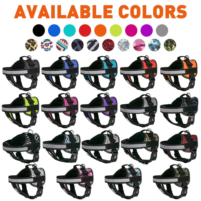 Nylon harnesses for dogs with reflective strap and top handle, adjustable with removable chest plate, hook and loop fastener for patches; 19 colors available