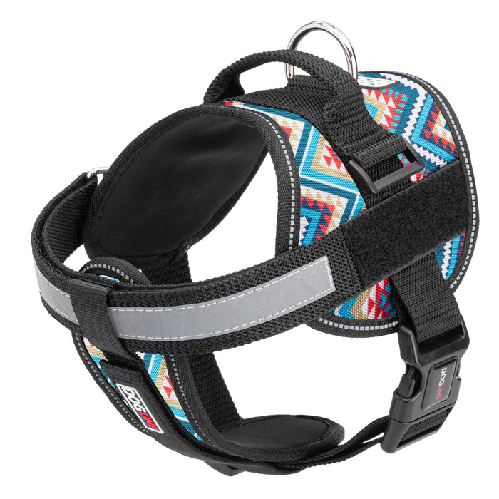 Aztec design dog harness with adjustable belly straps, top handle, removable reflective chest plate and two patch backing fasteners, made from nylon