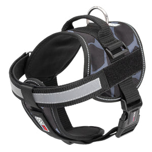 Giraffe gray dog harness with adjustable belly straps, top handle, removable reflective chest plate and two patch backing fasteners, made from nylon
