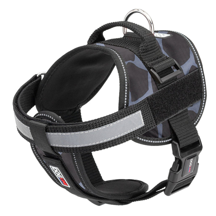 Giraffe gray dog harness with adjustable belly straps, top handle, removable reflective chest plate and two patch backing fasteners, made from nylon