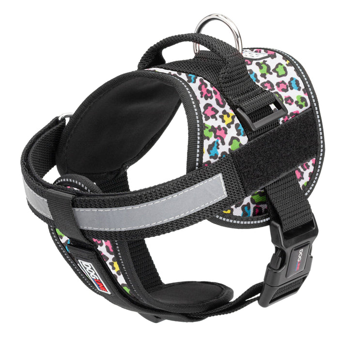 Leopard multi-colored dog harness with adjustable belly straps, top handle, removable reflective chest plate and two patch backing fasteners, made from nylon