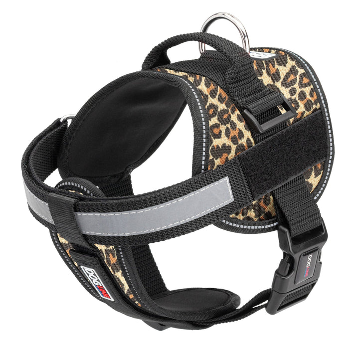 Leopard brown dog harness with adjustable belly straps, top handle, removable reflective chest plate and two patch backing fasteners, made from nylon