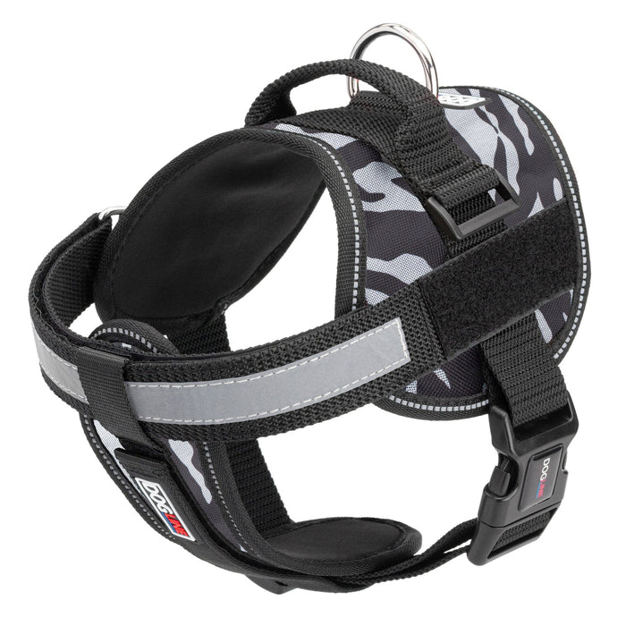 Zebra black and white dog harness with adjustable belly straps, top handle, removable reflective chest plate and two patch backing fasteners, made from nylon