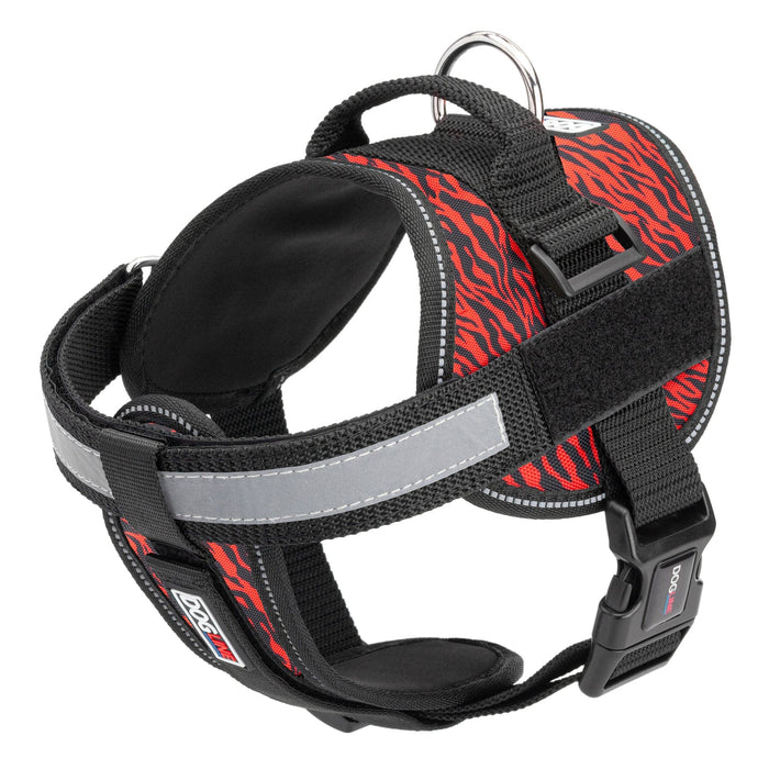 Zebra black and red dog harness with adjustable belly straps, top handle, removable reflective chest plate and two patch backing fasteners, made from nylon