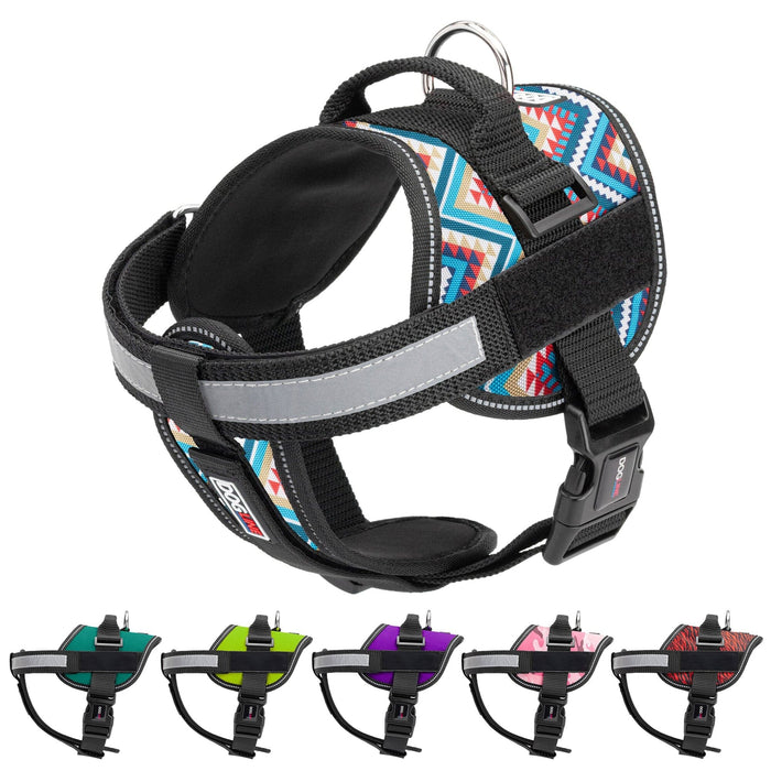 Nylon harness for dogs with reflective strap and top handle, adjustable, with removable chest plate, hook and loop fastener for patches; Aztec, teal, green, purple, pink camo, zebra red and 13 other color options