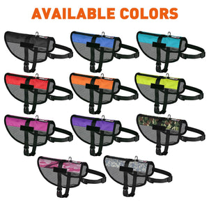 Mesh harness vests for dogs with adjustable straps and hook and loop fasteners for 2 patches, 11 colors available