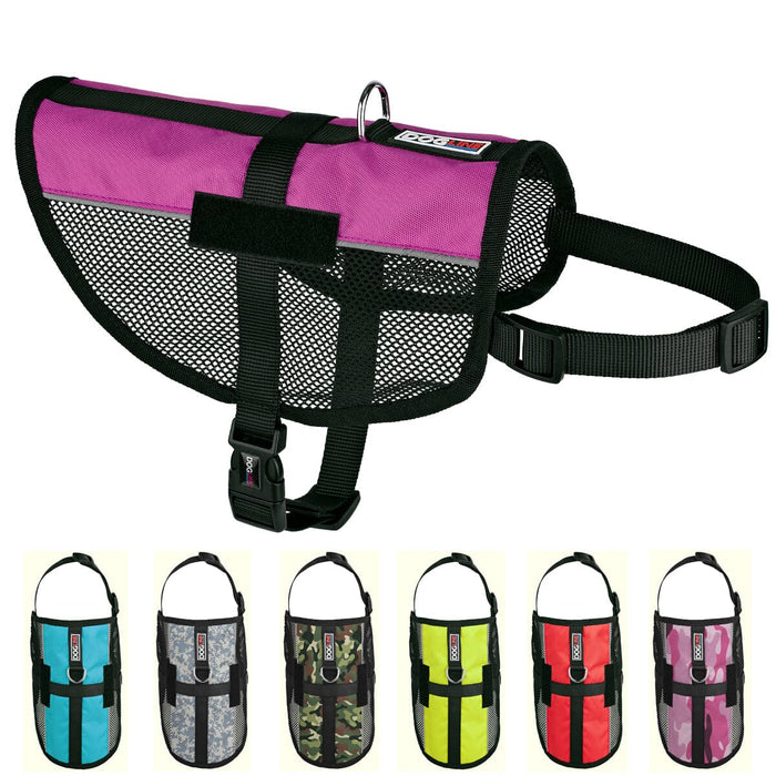 Mesh harness vest for dogs with adjustable straps and loop backing for two removable patches; pink, turquoise, urban camo, green camo, lime green, red, pink camo and 4 other color options