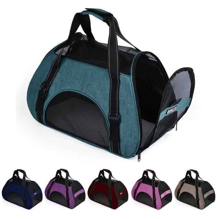 Soft-sided carrier bag for pets with mesh design and removable shoulder strap; teal, blue, purple, red, pink, beige and 2 other color options