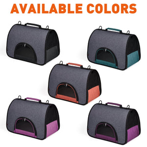 Pet carrier bags with removable shoulder strap and ventilated mesh screens, collapsible space-saving design, 5 colors available