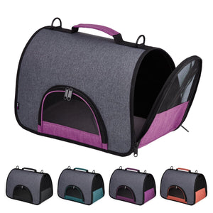 Collapsible pet carrier for small dogs and cats, soft-sided, with mesh design; pink, black, teal, purple and orange color options