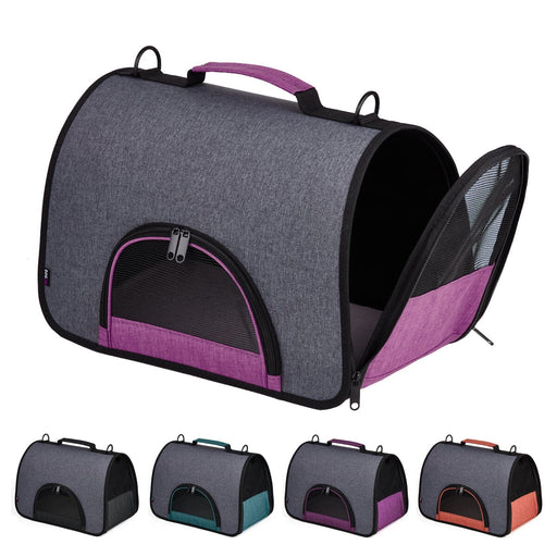 Collapsible pet carrier for small dogs and cats, soft-sided, with mesh design; pink, black, teal, purple and orange color options