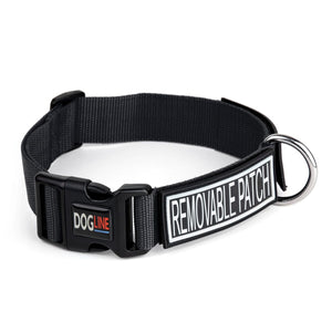 Black nylon dog collar with plastic quick release buckle and meal D-ring, features loop backing or hook and loop patches