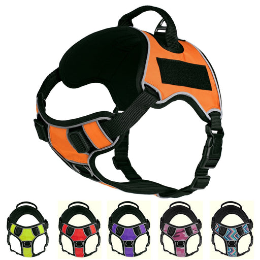 No pull harness for dogs with top handle, adjustable straps, and loop backing fastener for patches, made from Neoprene, orange and 11 other color options