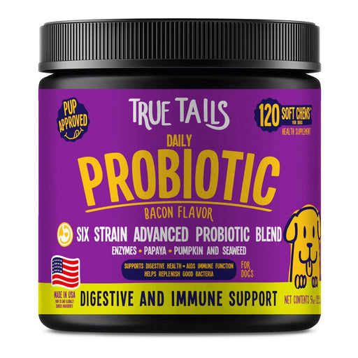 Soft chews for dogs with probiotic blend to support digestion and immune system, bacon flavor, 120 chews per container