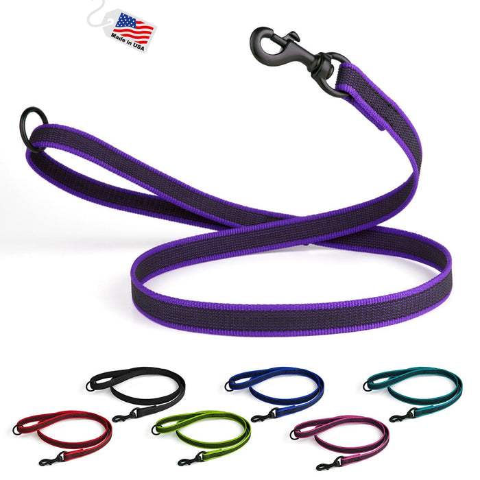 Rubberized nylon leash for dogs with black snap hook, purple and  6 other color options