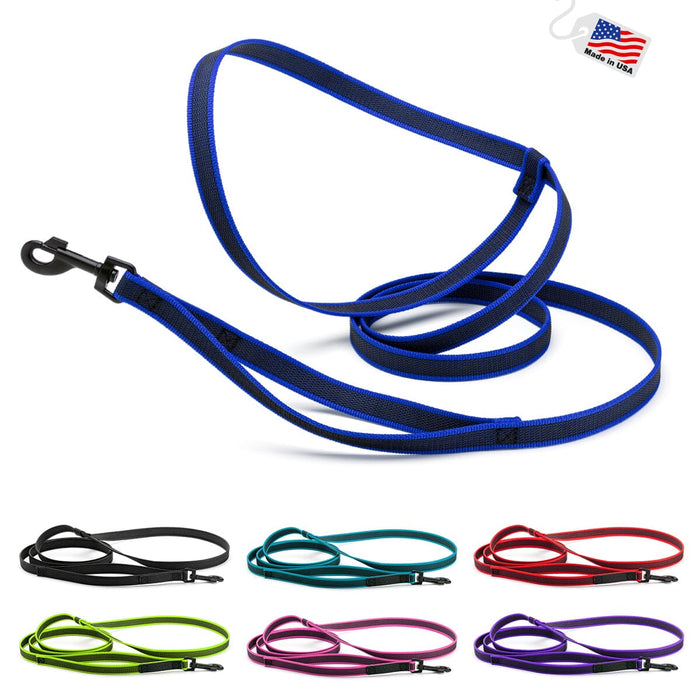 Rubberized nylon leash for dogs, multifunctional, with traffic handle and hands-free option, blue and 6 other color options