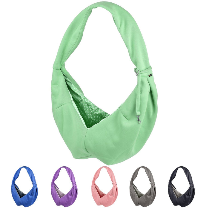 Soft-sided pet sling carrier with wide shoulder strap; seafoam green and 5 other color options