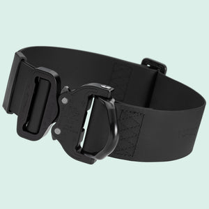 Black dog collar with tactical Cobra buckle, made from waterproof and durable Biothane, adjustable length