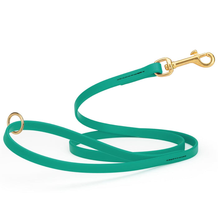 Teal dog leash made from waterproof Biothane, brass hardware, 1/2 inch wide  