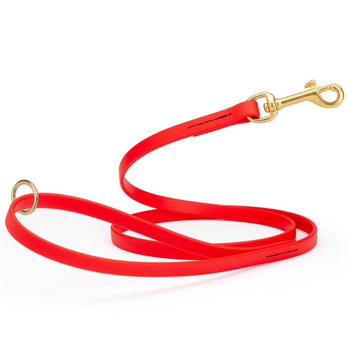 Cherry Red dog leash made from waterproof Biothane, brass hardware, 1/2 inch wide 