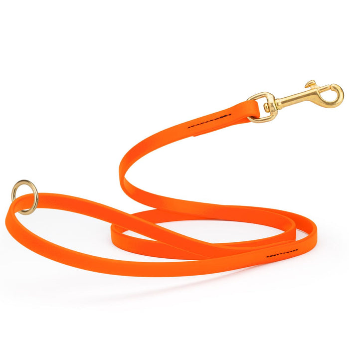 Hunter Orange dog leash made from waterproof Biothane, brass hardware, 1/2 inch wide 