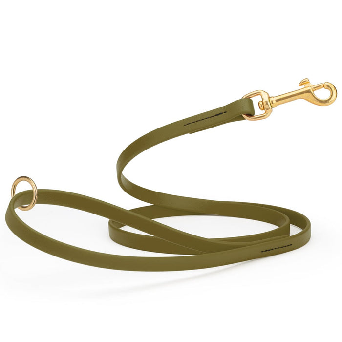 Olive Drab Green dog leash made from waterproof Biothane, brass hardware, 1/2 inch wide 