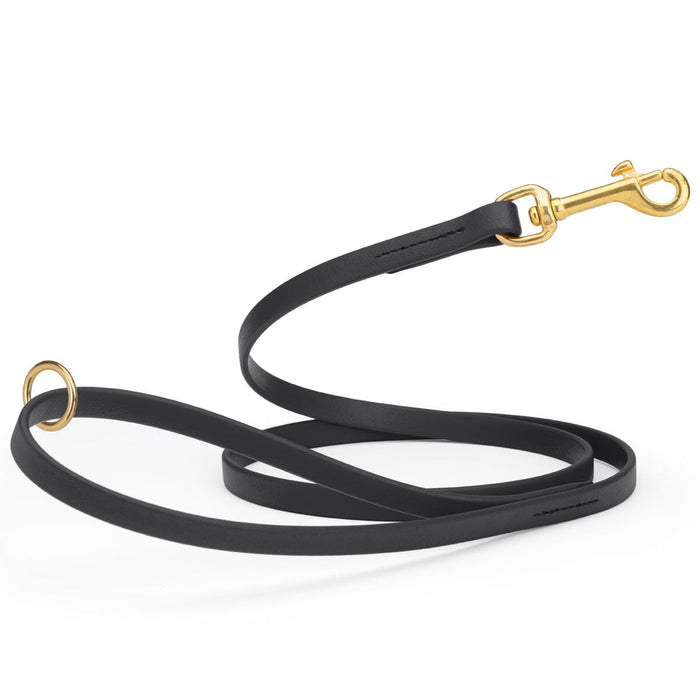 Black dog leash made from waterproof Biothane, brass hardware, 1/2 inch wide