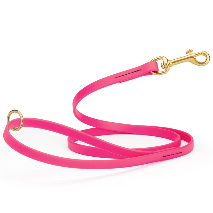 Passionfruit Pink dog leash made from waterproof Biothane, brass hardware, 1/2 inch wide 