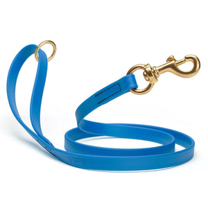 Waterproof Cerulean Blue dog leash with brass hardware, 5/8 or 3/4 inch wide, made from Biothane