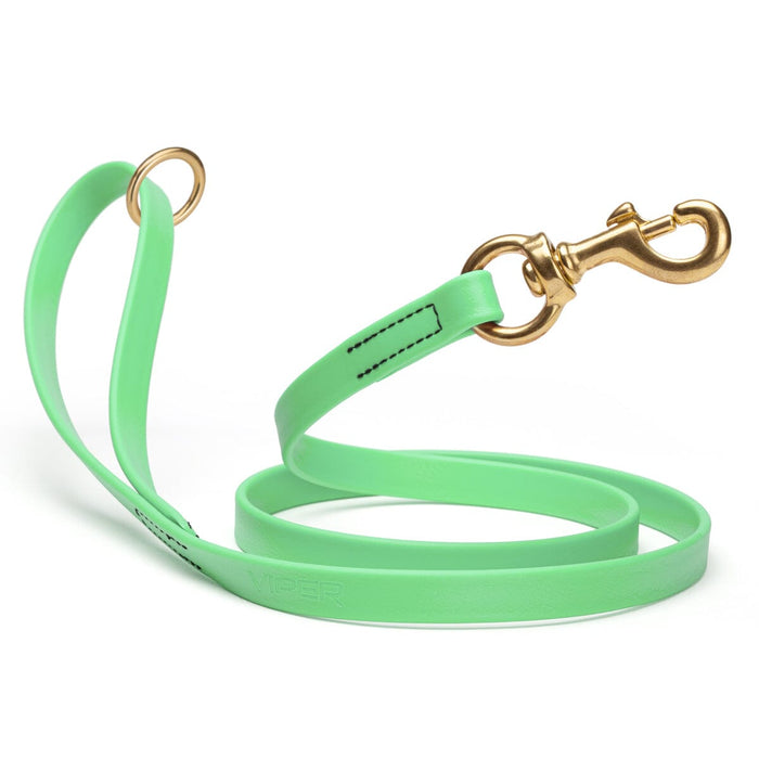 Waterproof Seafoam Green dog leash with brass hardware, 5/8 or 3/4 inch wide, made from Biothane