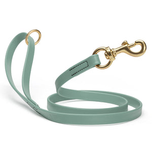 Waterproof Sage Green dog leash with brass hardware, 5/8 or 3/4 inch wide, made from Biothane