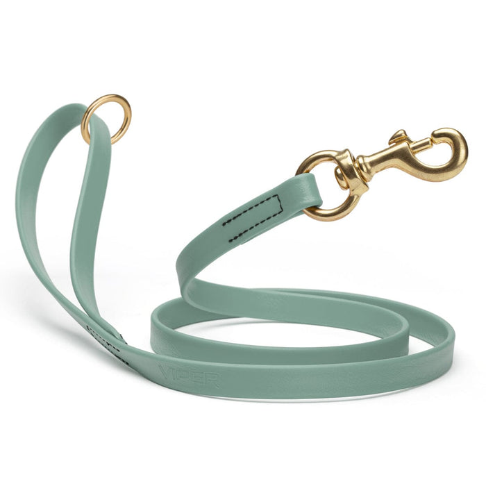 Waterproof Sage Green dog leash with brass hardware, 5/8 or 3/4 inch wide, made from Biothane