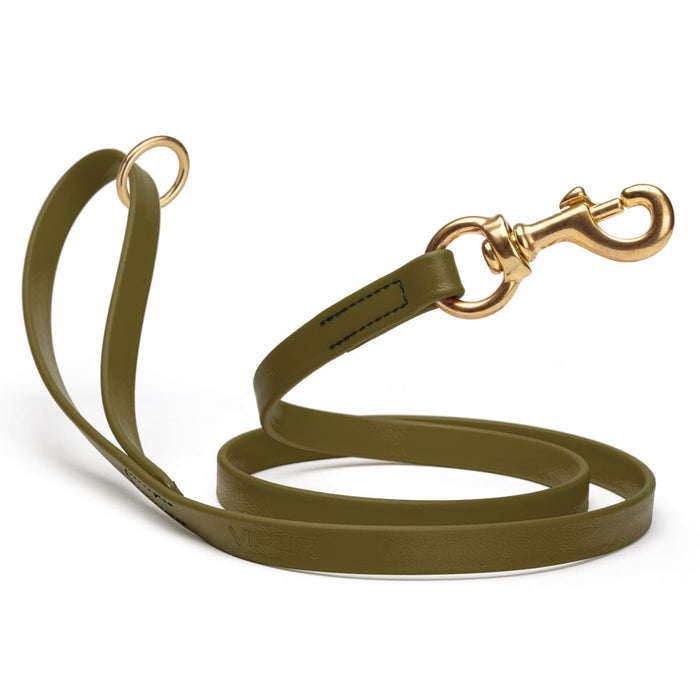 Waterproof Olive Drab Green dog leash with brass hardware, 5/8 or 3/4 inch wide, made from Biothane
