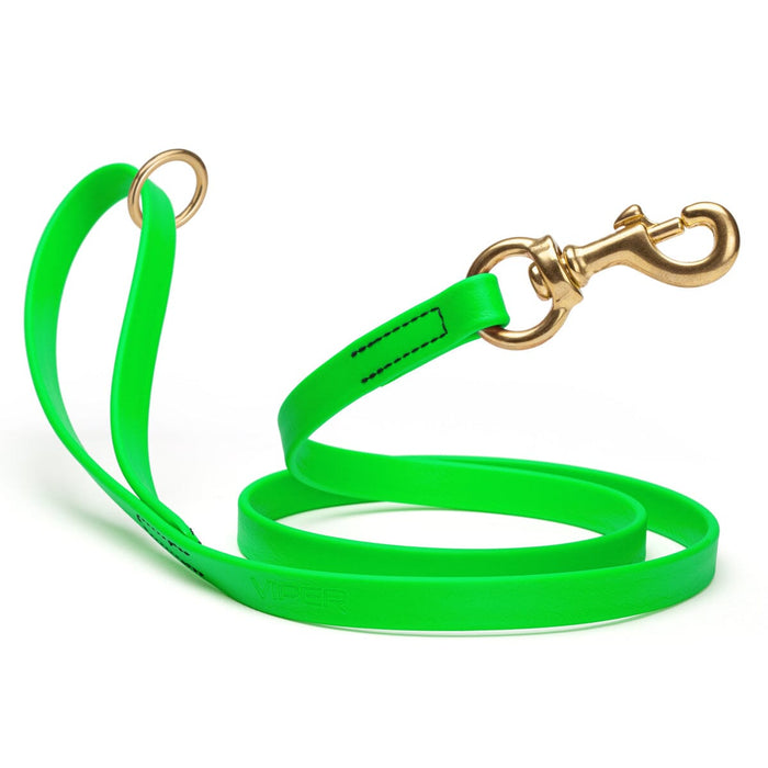 Waterproof Tropical Green dog leash with brass hardware, 5/8 or 3/4 inch wide, made from Biothane