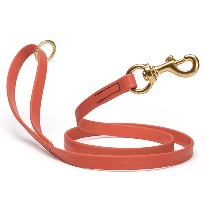 Waterproof Coral dog leash with brass hardware, 5/8 or 3/4 inch wide, made from Biothane