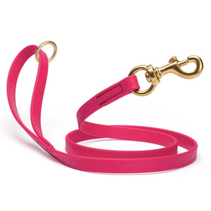 Waterproof Passionfruit Pink dog leash with brass hardware, 5/8 or 3/4 inch wide, made from Biothane