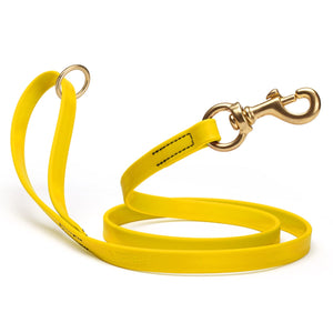 Waterproof Lemon Yellow dog leash with brass hardware, 5/8 or 3/4 inch wide, made from Biothane