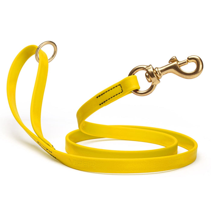 Waterproof Lemon Yellow dog leash with brass hardware, 5/8 or 3/4 inch wide, made from Biothane