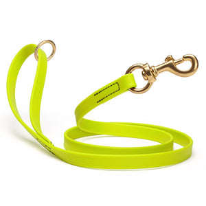Waterproof Safety Yellow dog leash with brass hardware, 5/8 or 3/4 inch wide, made from Biothane