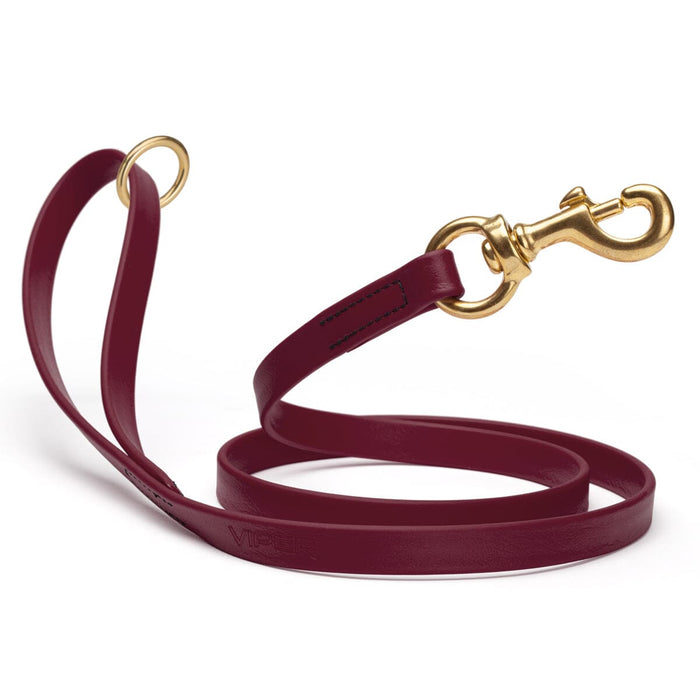Waterproof Merlot Burgundy dog leash with brass hardware, 5/8 or 3/4 inch wide, made from Biothane