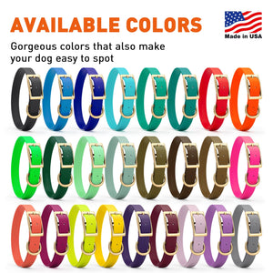 Biothane dog collars with brass hardware are available in 26 colors