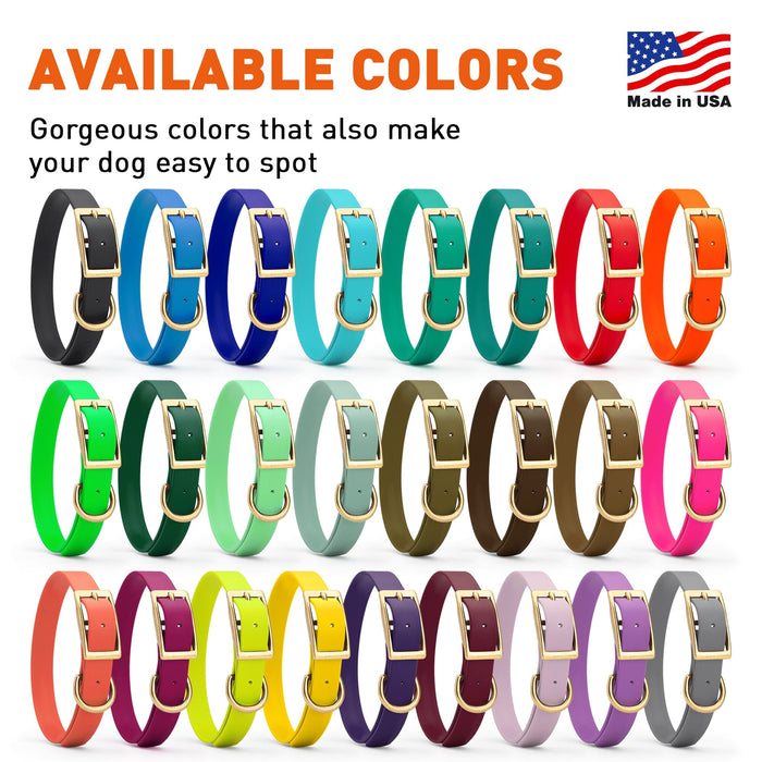 Biothane dog collars with brass hardware are available in 26 colors