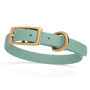 Sage Green Biothane dog collar for small dogs with brass buckle and D-ring, 1/2 inch wide