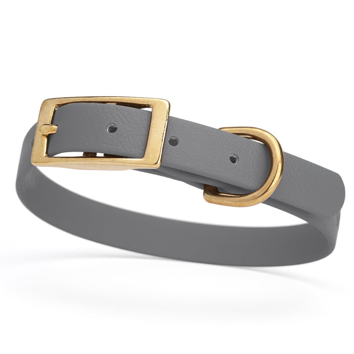 Battleship Gray dog collar for small dogs with brass hardware, 5/8 inch wide, adjustable, made from Biothane 