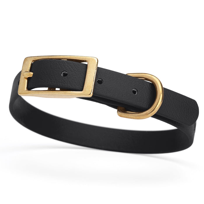 Black dog collar for small dogs with brass hardware, 5/8 inch wide, adjustable, made from Biothane 