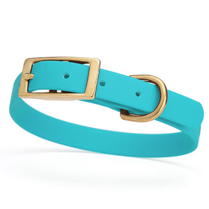 Sky Blue dog collar for small dogs with brass hardware, 5/8 inch wide, adjustable, made from Biothane 